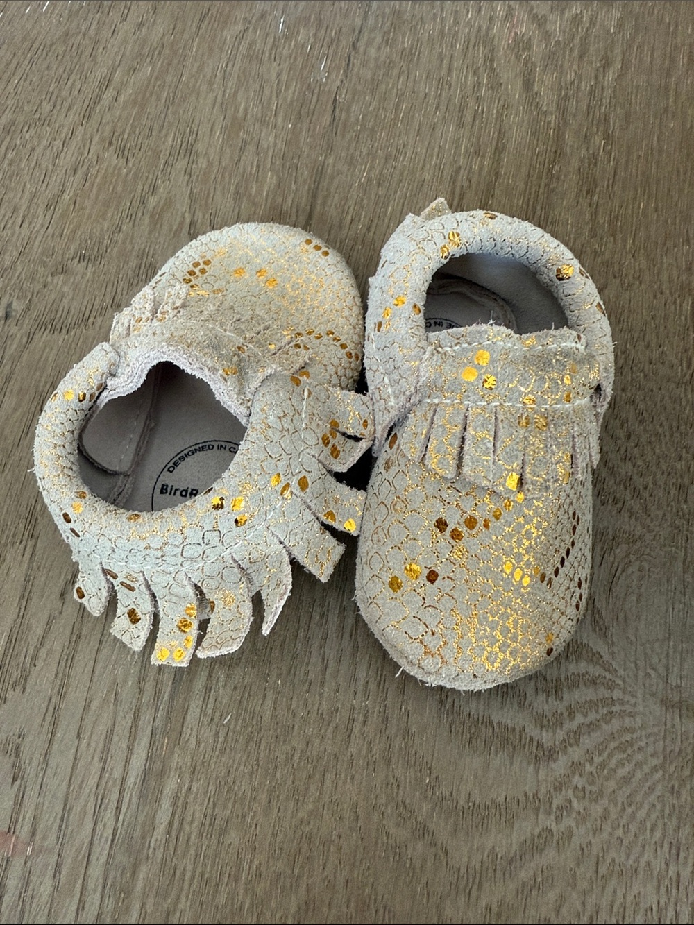 Infant Cream Fringe Moccasins with Gold Accent